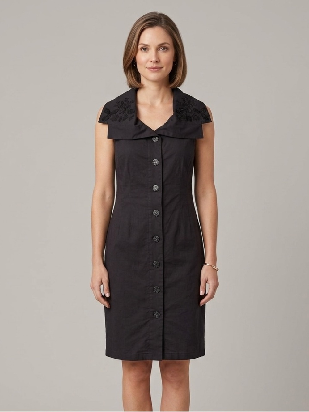 April Cornell Sz S Charcoal Grey Embroidered Collar Cotton Button Front Dress